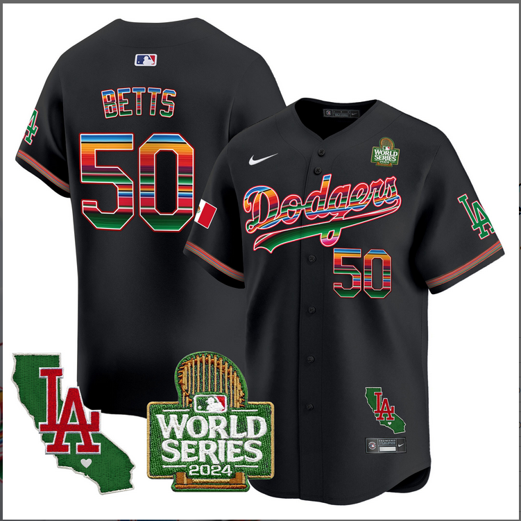 Men MLB Mexico Los Angeles Dodgers #50 betts black 2024 World Series Champions Patch Jersey 2024110